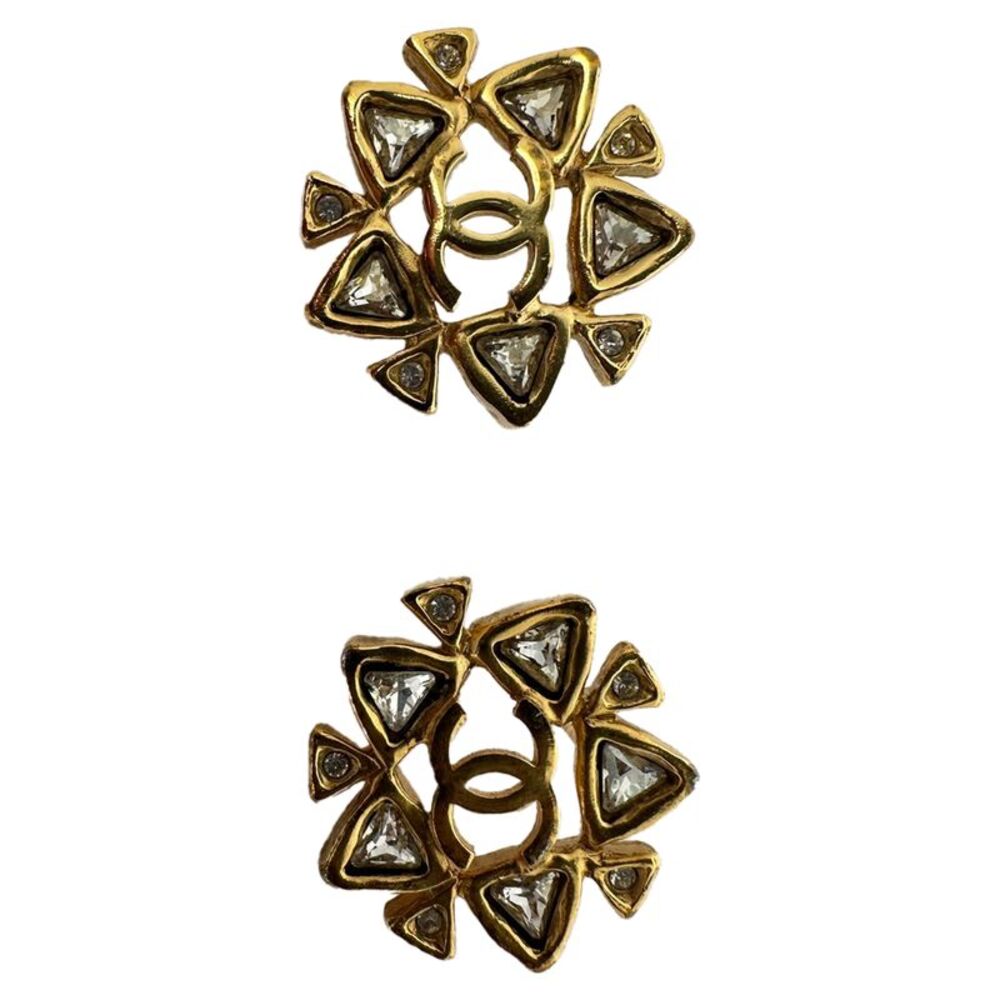 Chanel VIntage Interlocking CC Crystal Earrings in Gold Metal